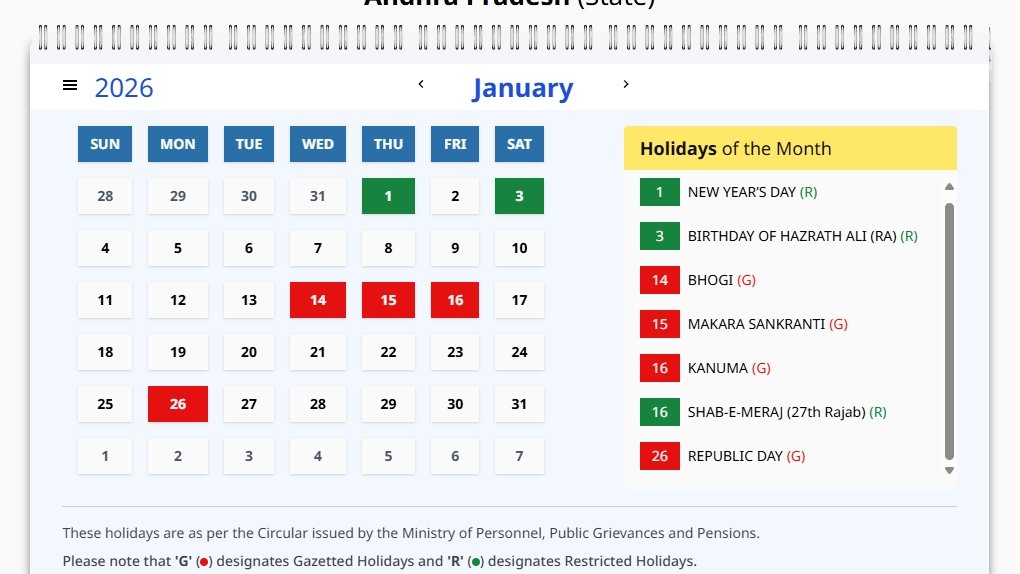 AP Holiday Calendar 2026 January